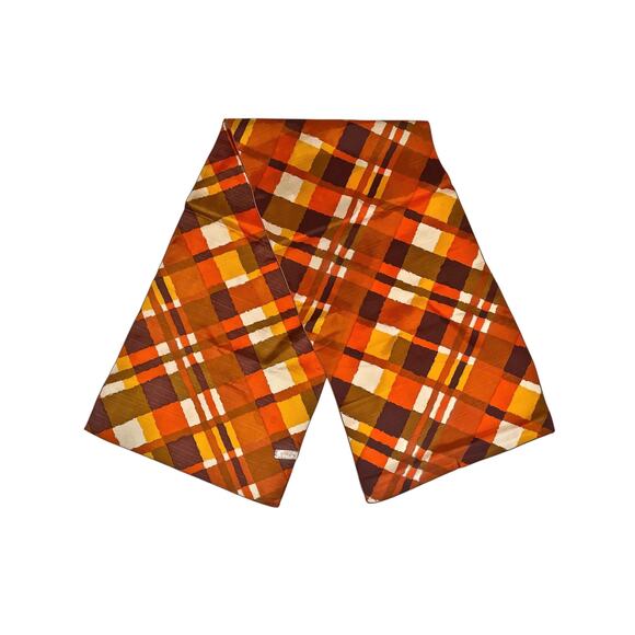 1970s Theresa Ahrens NY Orange Tan Yellow Brown Acetate Oblong Plaid Scarf Wrap - Picture 5 of 7